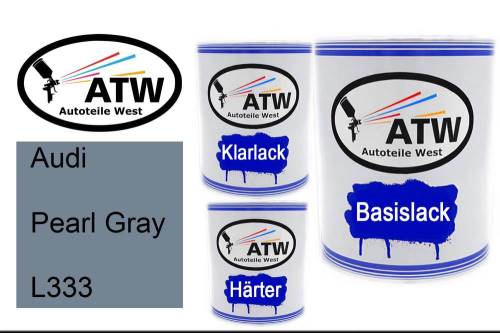 Audi, Pearl Gray, L333: 1L Lackdose + 1L Klarlack + 500ml Härter - Set, von ATW Autoteile West.